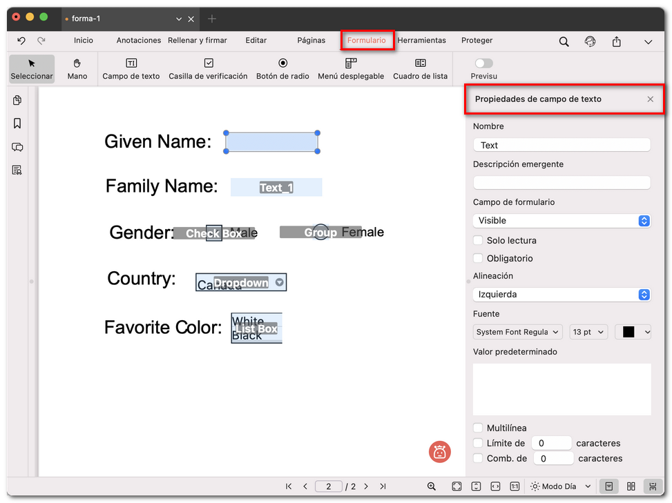 Editar las propiedades del campo