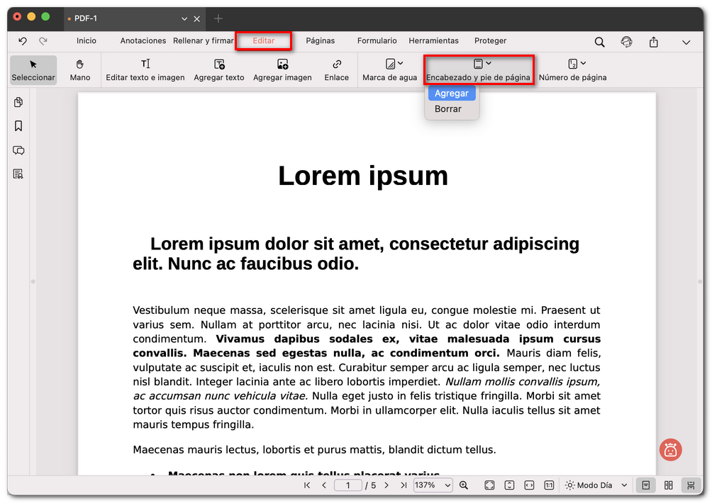 Elegir añadir encabezado y pie de página