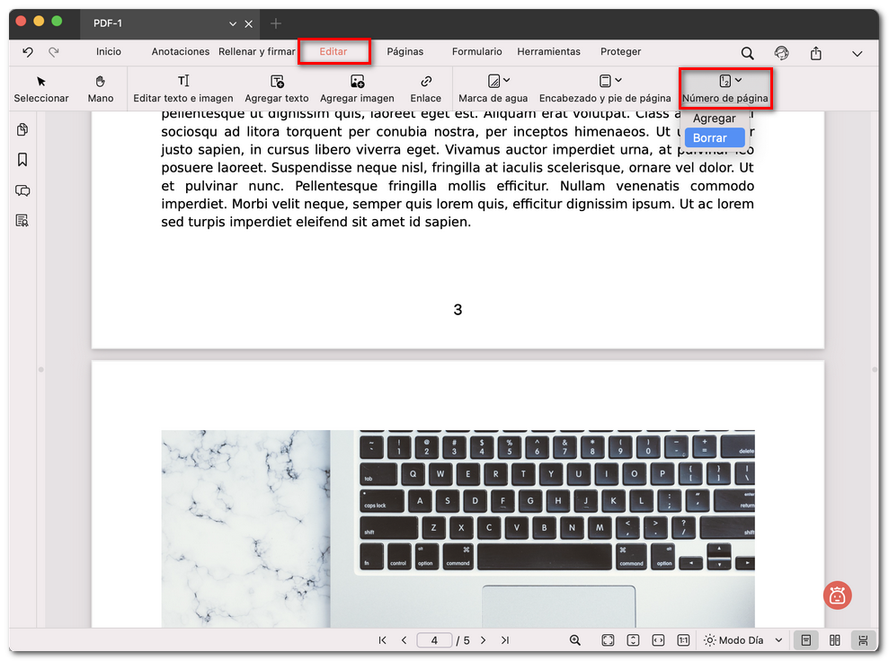 Eliminar el número de página en un PDF