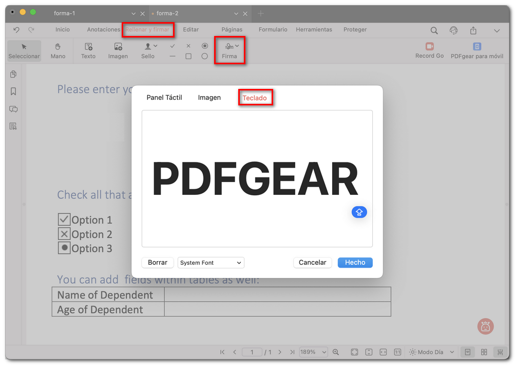 Escribir una firma de texto