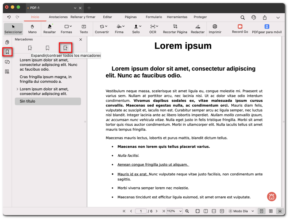 Expandir o contraer todos los marcadores en un PDF