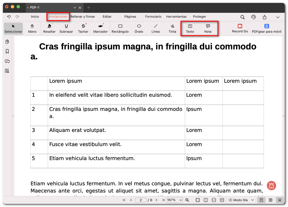 Opciones de comentario: texto o nota