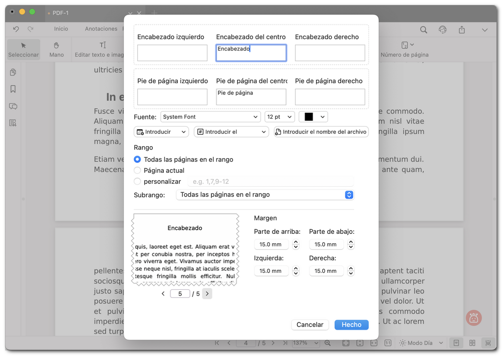 Personalizar el encabezado y pie de página