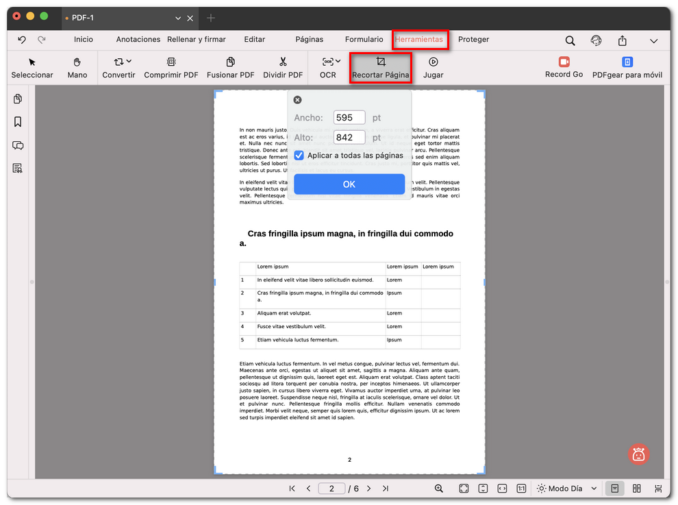 Personalizar la configuración de recorte de páginas PDF