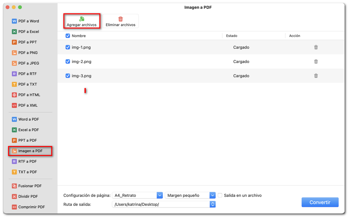 Personalizar la conversión de imagen a PDF