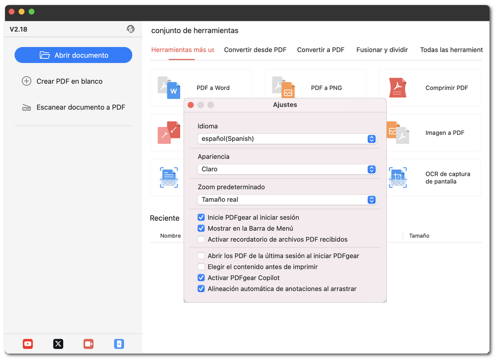 Personalizar los ajustes en PDFgear