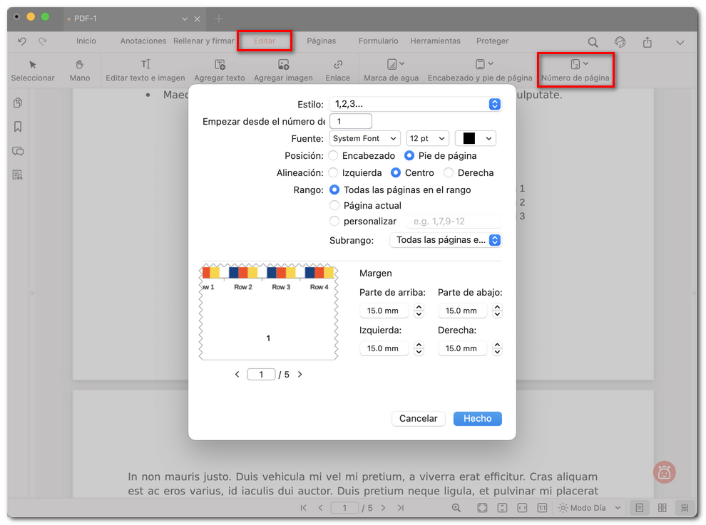 Personalizar el número de página