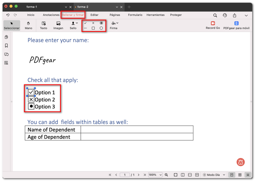 Rellenar un formulario con casillas de verificación