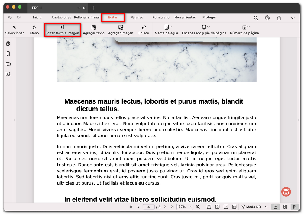 Seleccionar Editar texto e imagen