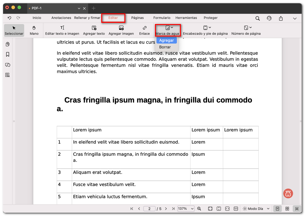 Seleccionar la opción Añadir marca de agua