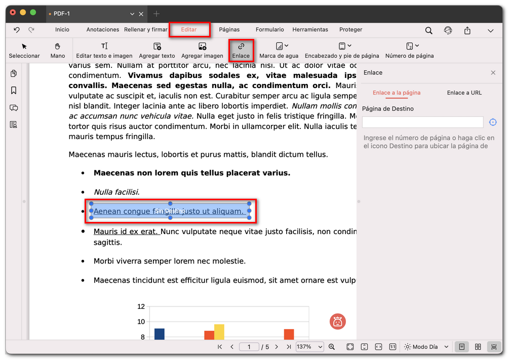 Seleccionar un área o texto para insertar un enlace