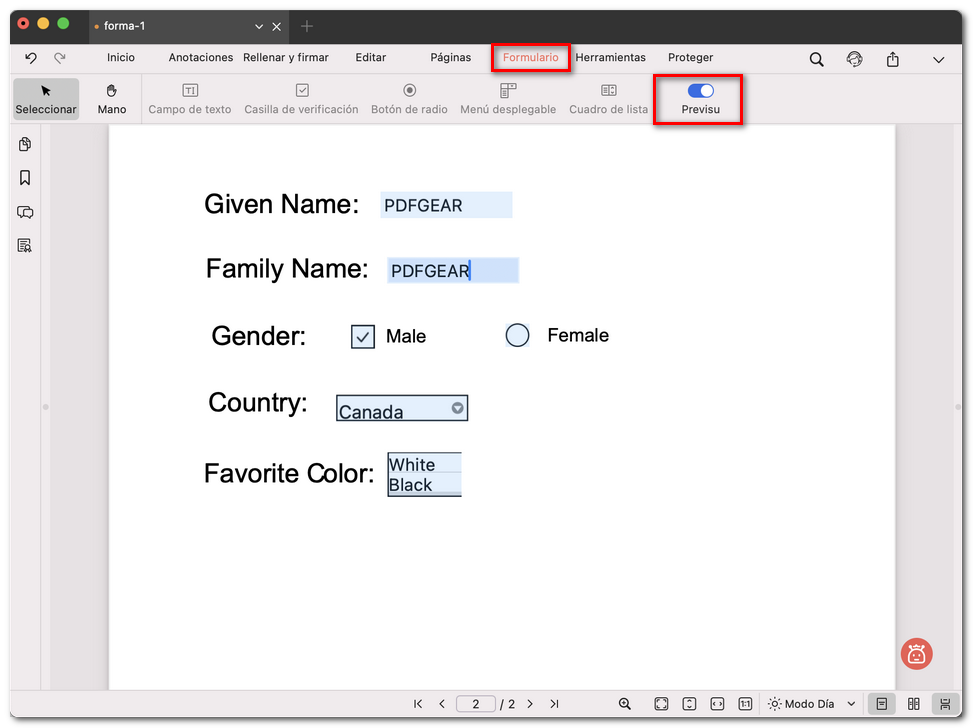 Vista previa y prueba del formulario PDF
