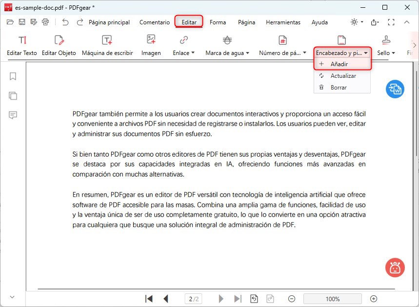 Añadir encabezado y pie de página