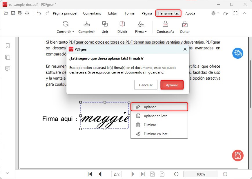 Aplanar la firma en el PDF
