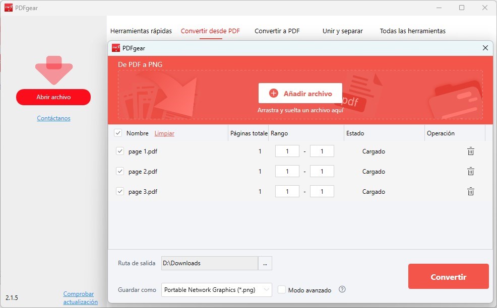 Configuración de conversión de PDF a imagen