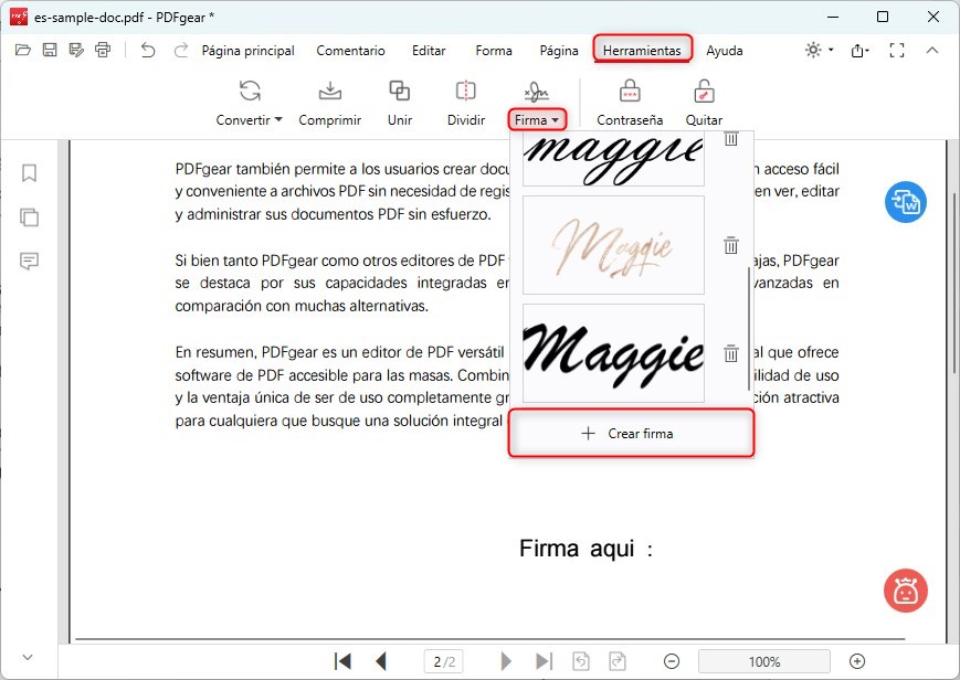 Crear una firma en el PDF