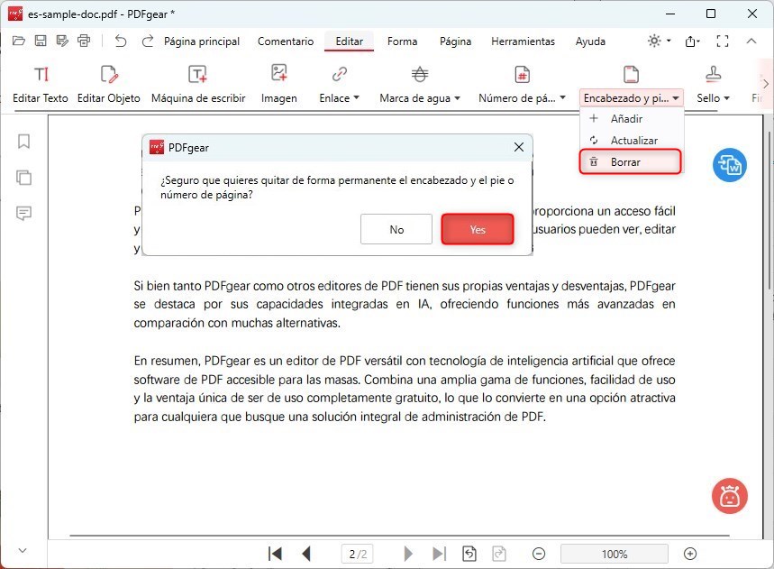 Eliminar encabezado y pie de página