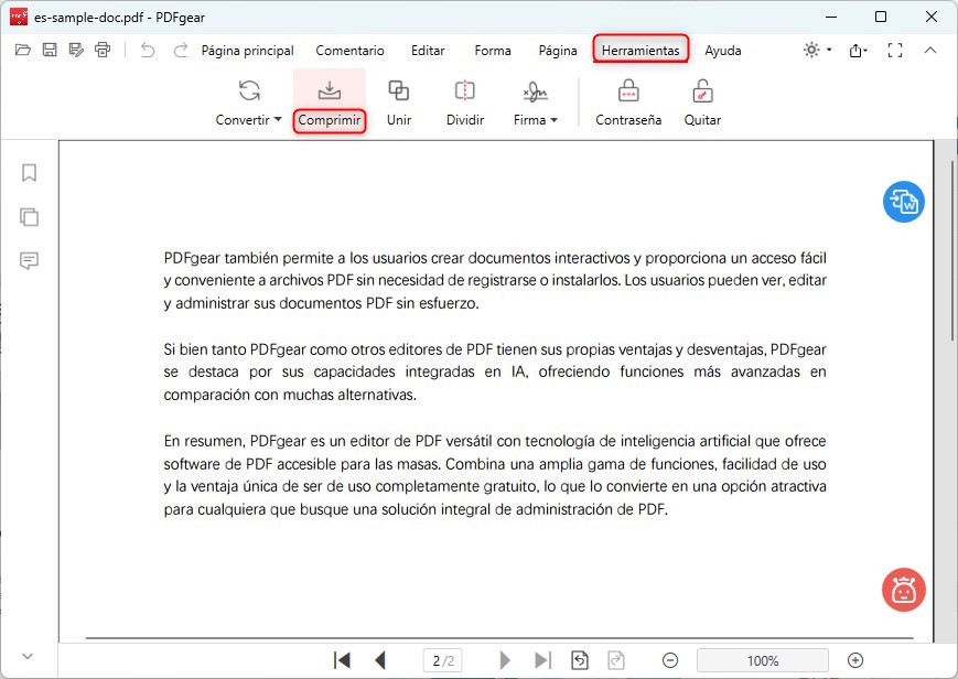 Seleccionar la opción de comprimir