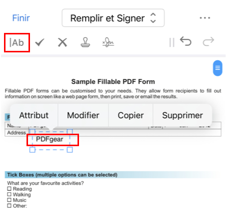 Remplir un formulaire PDF dans l'application PDFgear