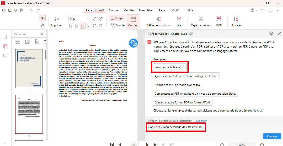 Obtenez le résumé de l'article de PDFgear Chatbot