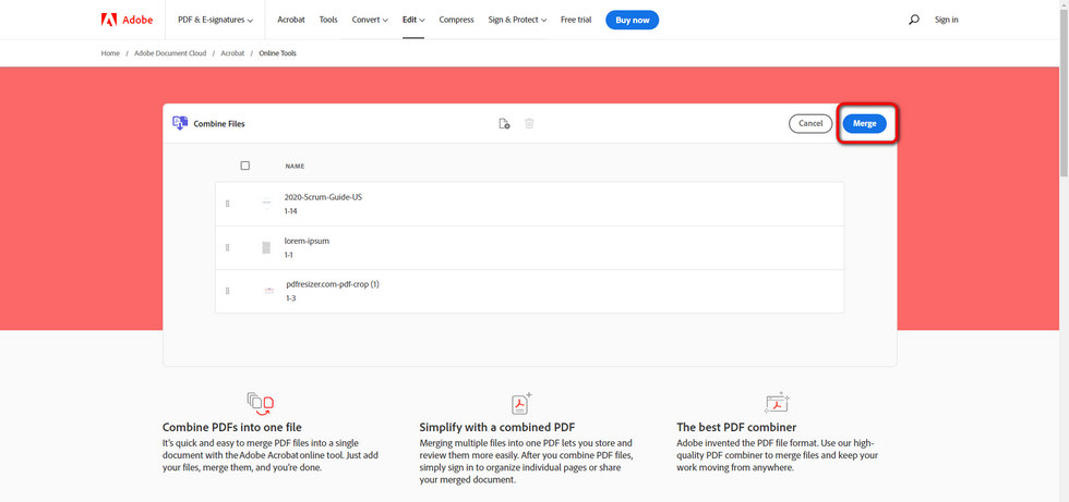 Combiner des PDF dans Adobe Acrobat en ligne