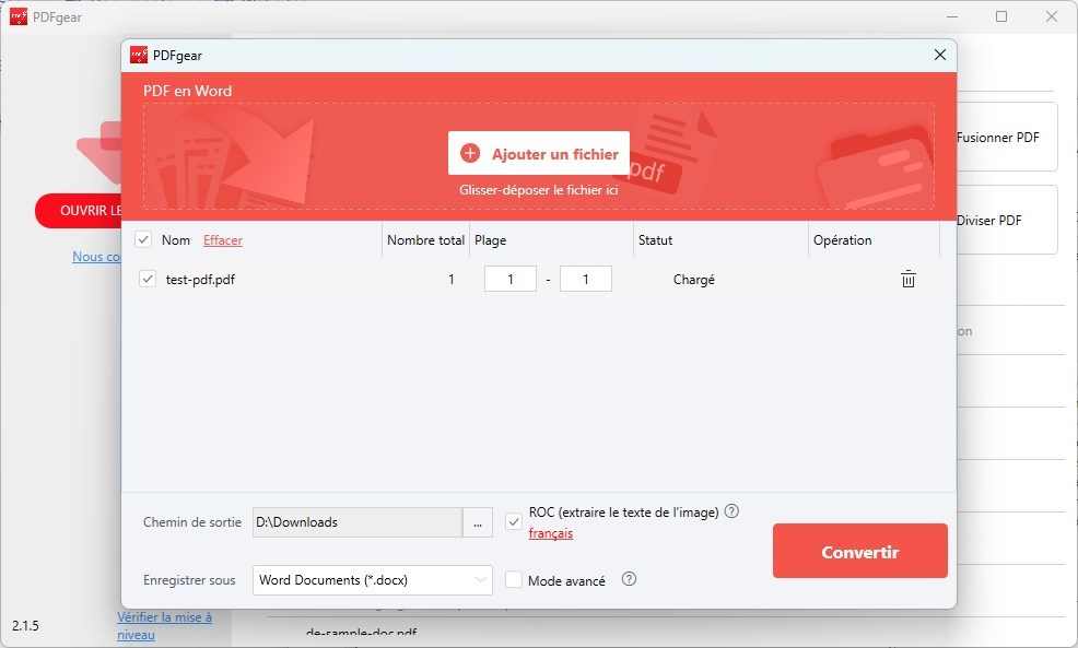 Conversion d'un PDF en Word avec PDFgear