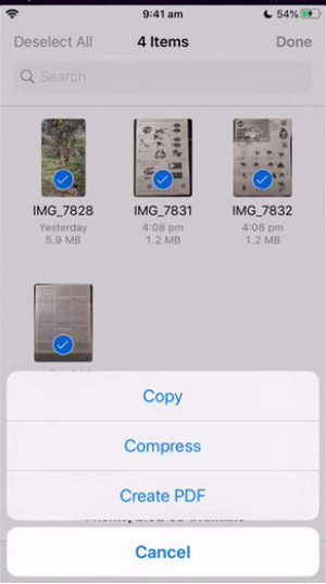 Créer PDF à partir des captures d'écran dans Fichiers
