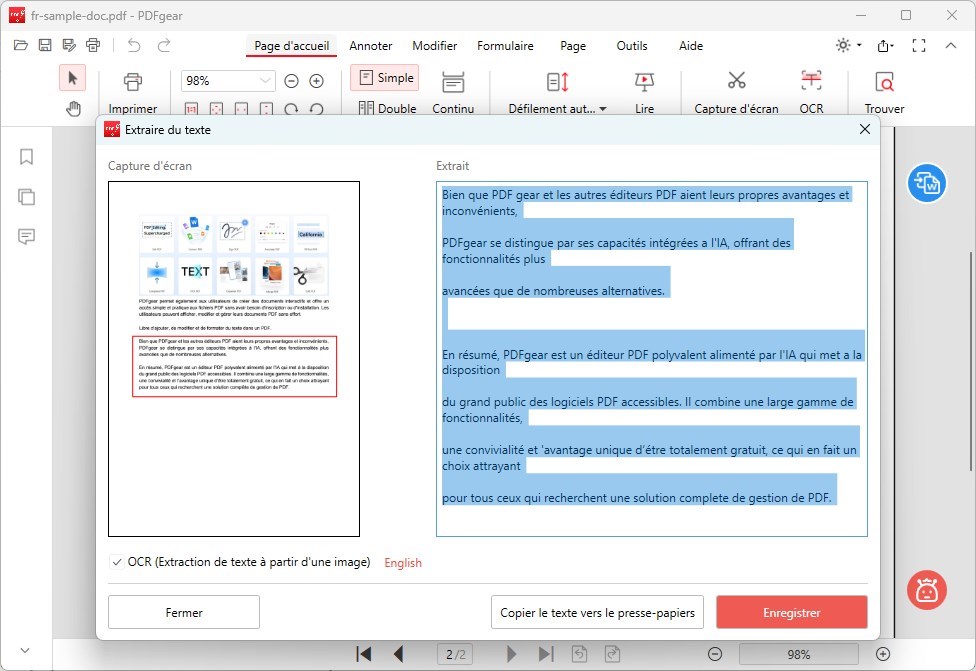 Copier ou sauvegarder le texte extrait