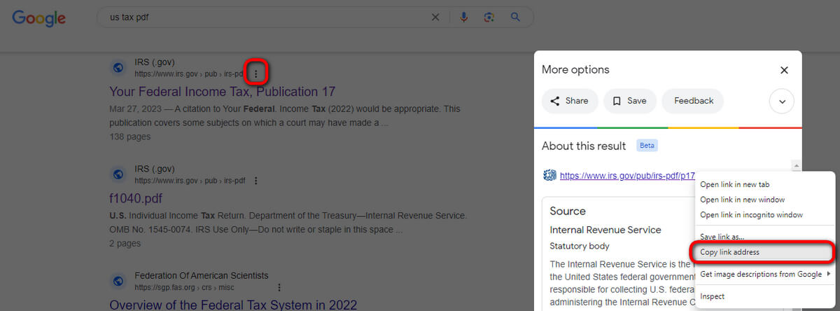 Copier des liens PDF à partir de Google