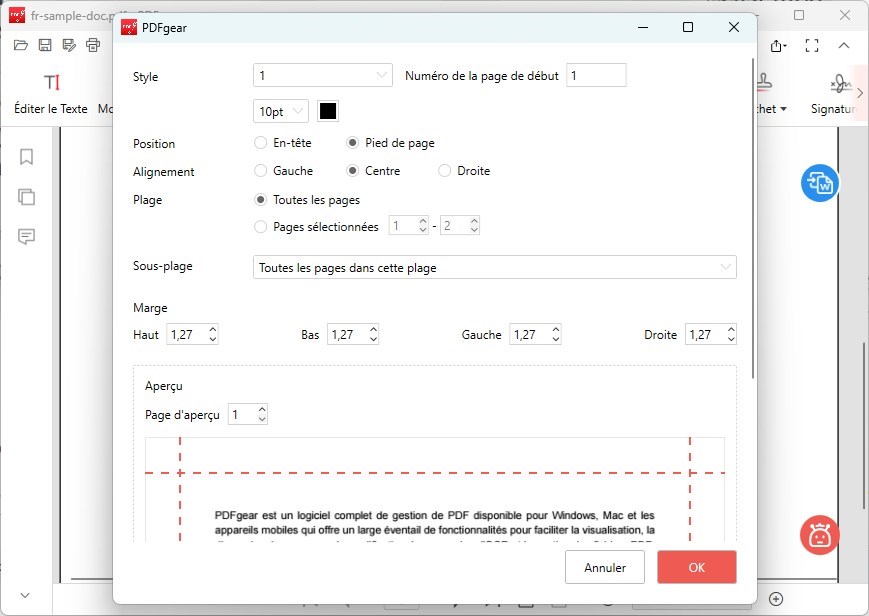 Définir les paramètres des numéros de page