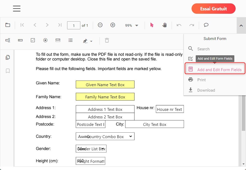 Divers champs de formulaire éditables