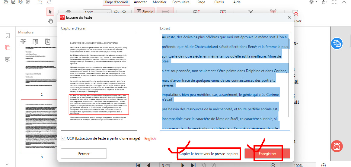 Sauvegarder le texte extrait