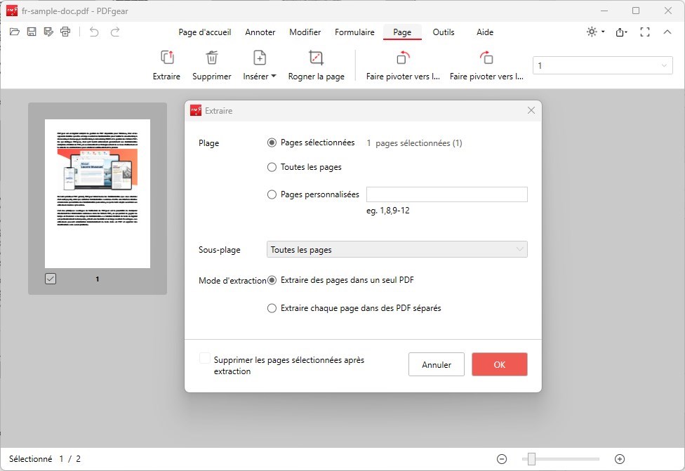 Extraire des pages de PDF avec PDFgear