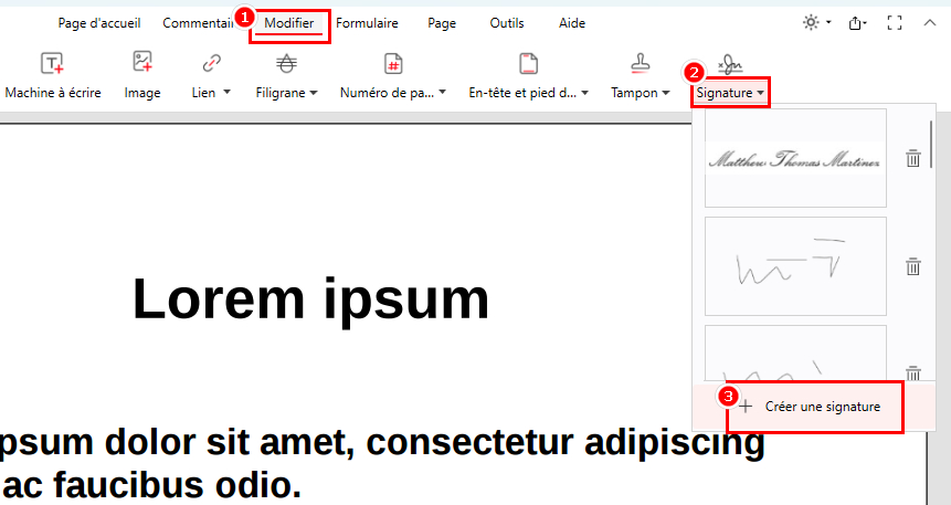 Choisissez l'option Créer une signature dans PDFgear
