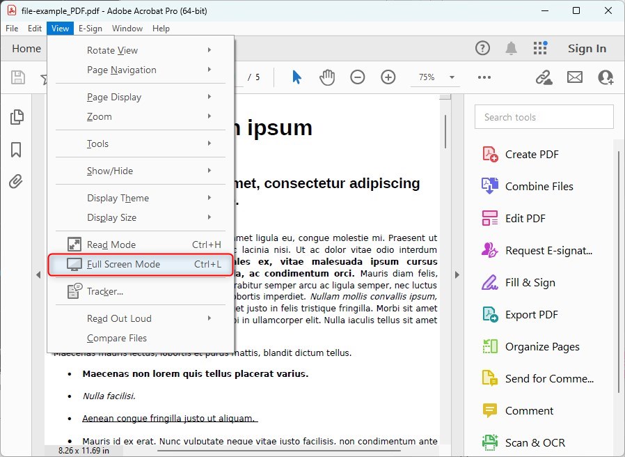 Raccourci Mode Plein Écran dans Adobe Acrobat