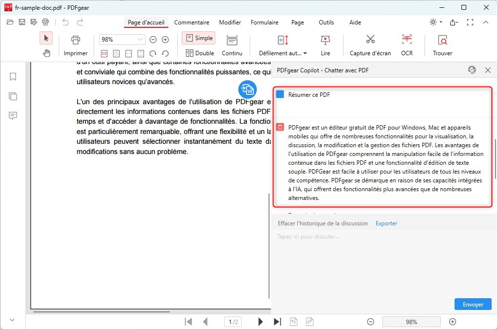Lire le PDF avec PDFgear intégrant ChatGPT