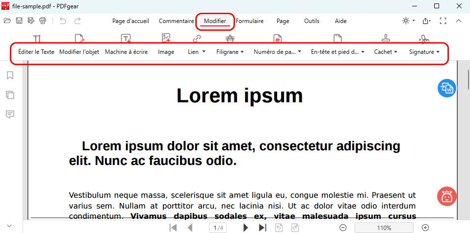 Menu d'édition dans PDFgear