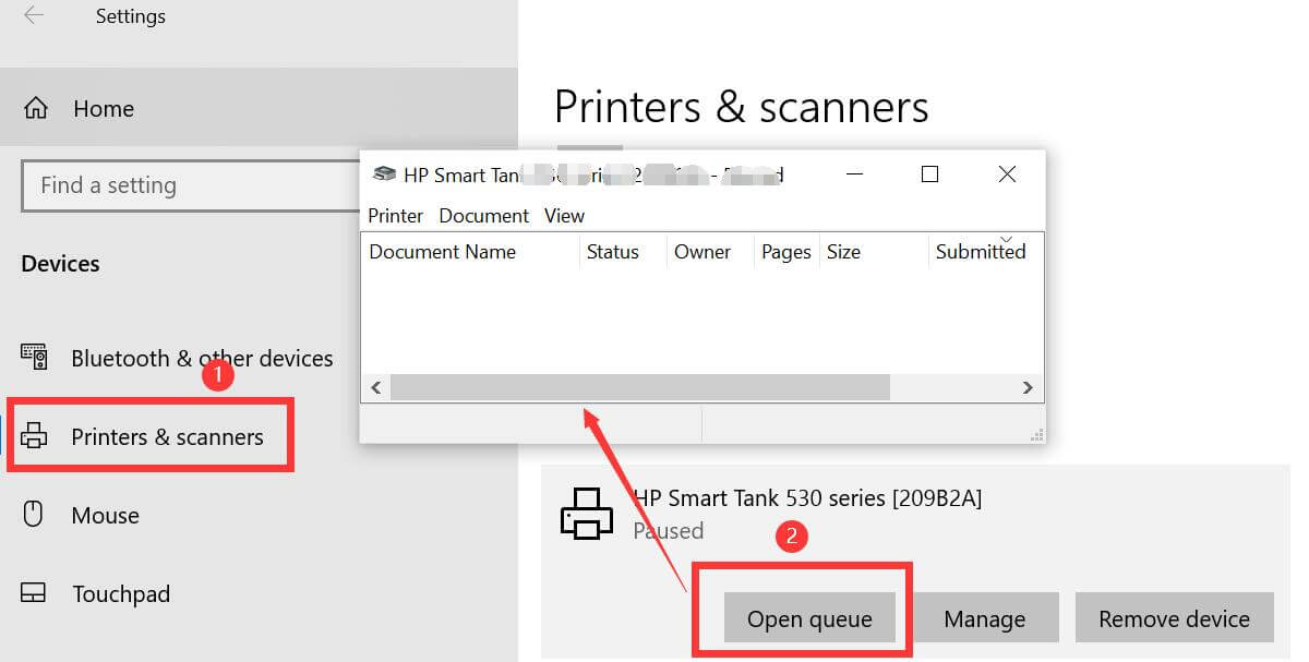 Ouvrir la file d'attente dans les paramètres de Windows