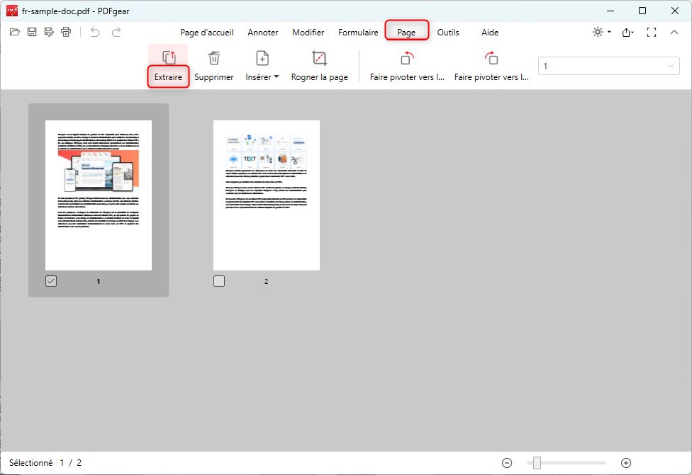 Option d'extraction de page dans PDFgear
