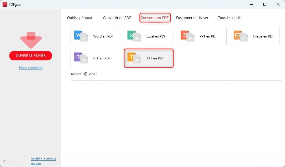 Ouvrir le Convertisseur de TXT en PDF de PDFgear