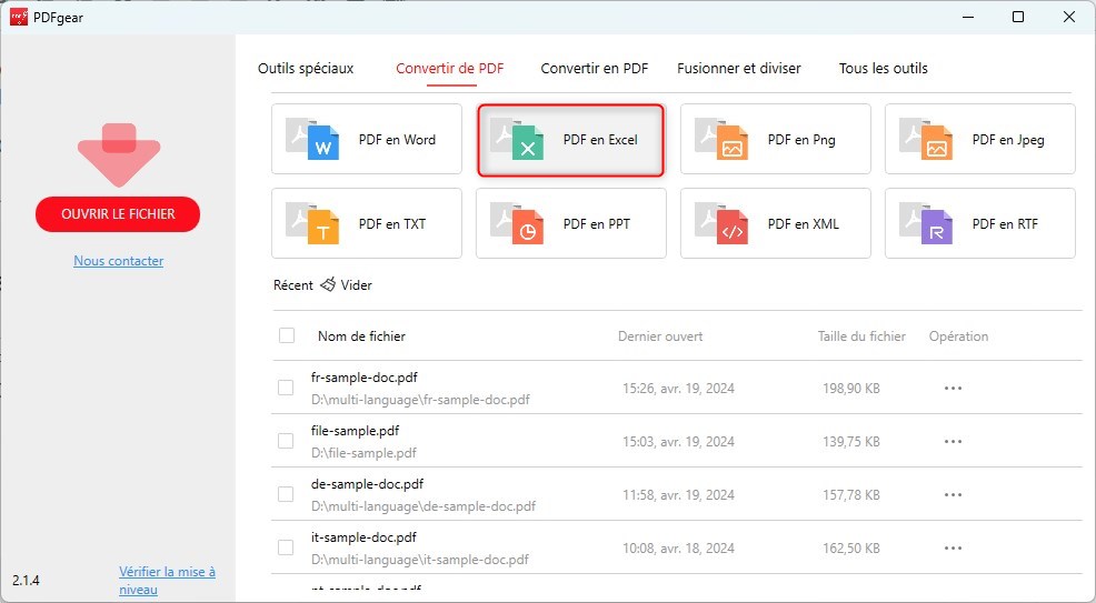 PDFgear PDF en Excel