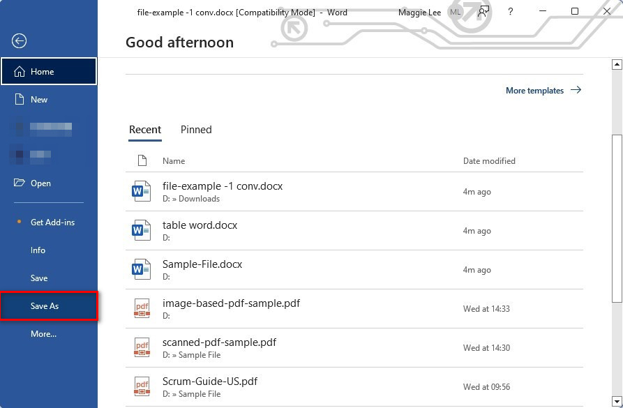 Sélectionnez l'option Enregistrer sous