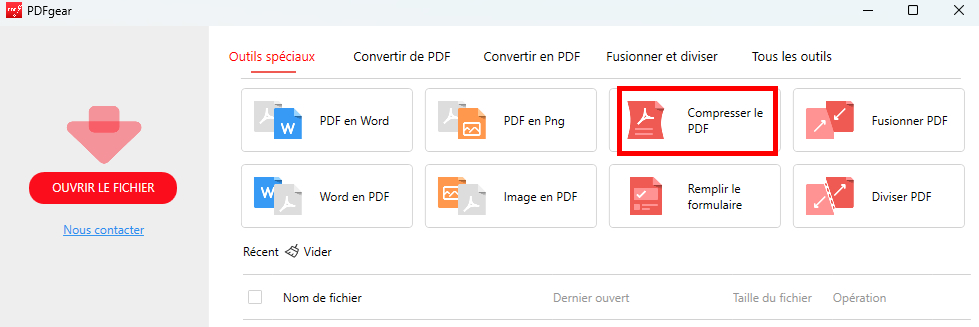 Localiser la fonction Compresser PDF