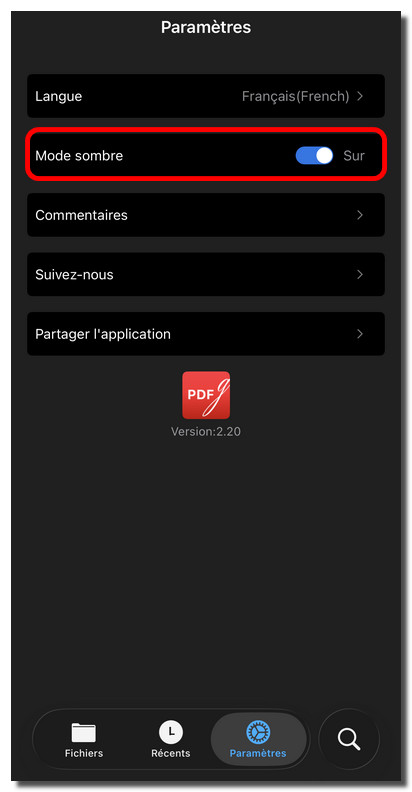 Activer le mode sombre dans PDFgear pour iOS