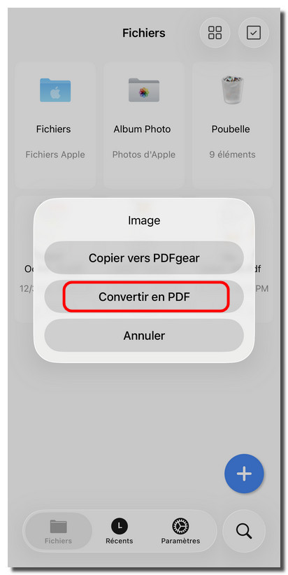 Choisir de convertir une image en PDF sur iOS