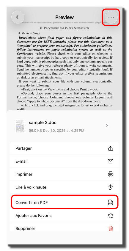 Convertir un fichier Word en PDF dans PDFgear pour iOS
