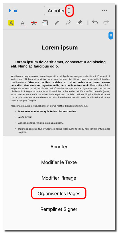 Entrer dans le mode Organiser les pages