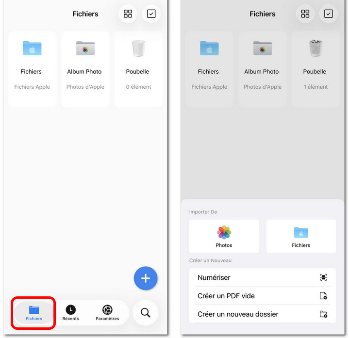 Onglet Fichiers de PDFgear pour iOS