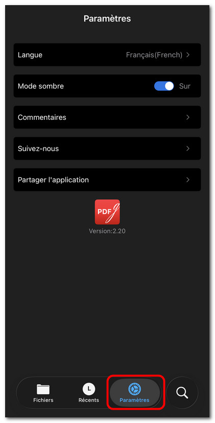 Onglet Paramètres de PDFgear pour iOS