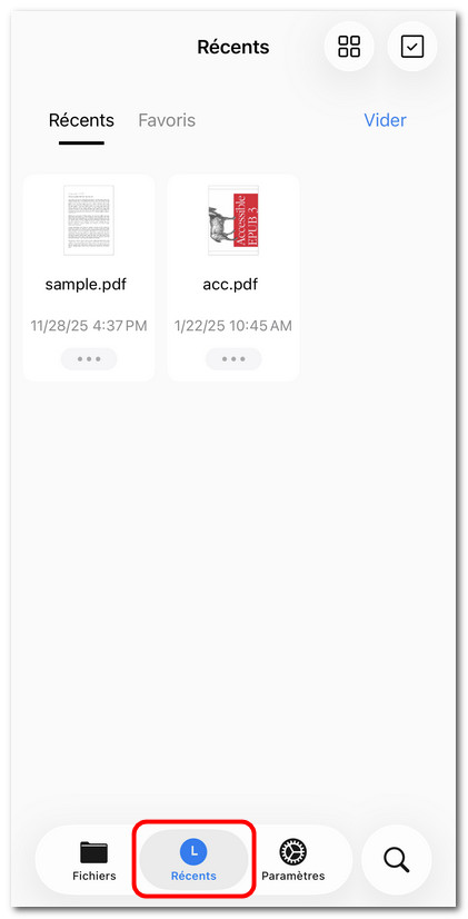 Onglet Récents de PDFgear pour iOS